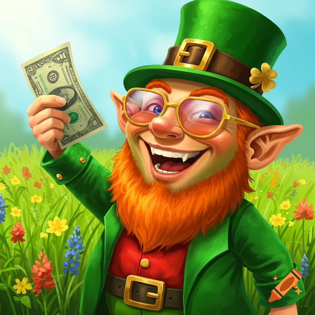 A smiling leprechaun holding a dollar bill in a field of flowers.