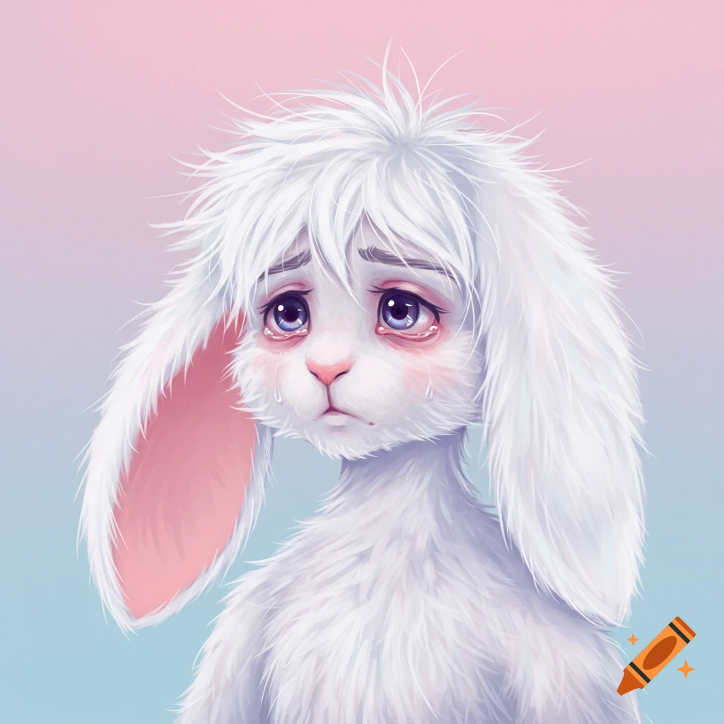 a sad furry white rabbit with tears