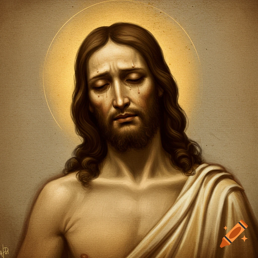 Portrait of a man resembling Jesus crying, with a halo and draped in white cloth.