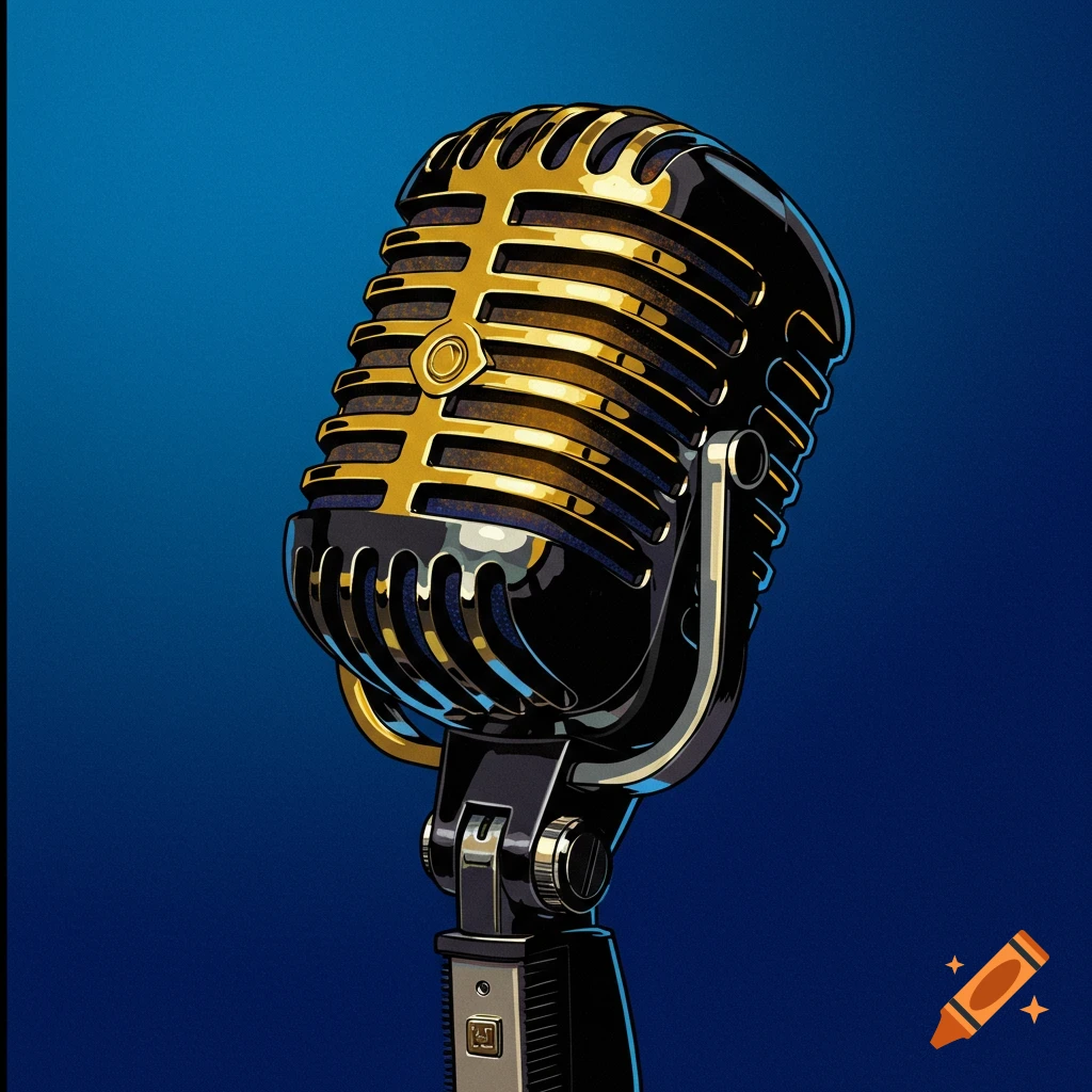 A vintage gold and black front address microphone against a blue background.
