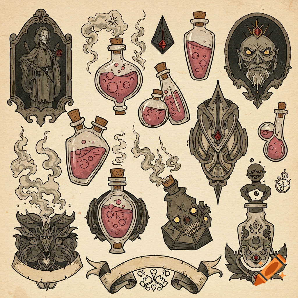 A collection of fantasy items like potions, skulls, grotesque figures, and a grim reaper in a tattoo flash sheet style.