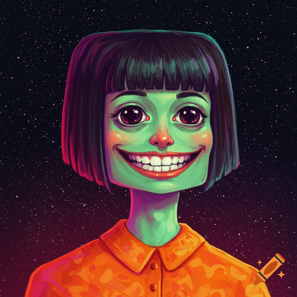 A stylized portrait of a green-skinned person with a bob haircut and wide smile against a starry background.
