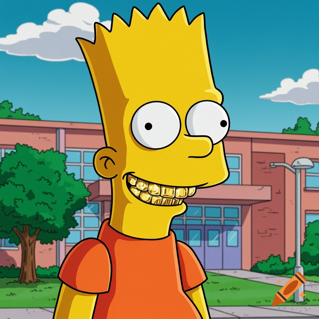Cartoon character Bart Simpson smiling with gold grillz in front of a school.