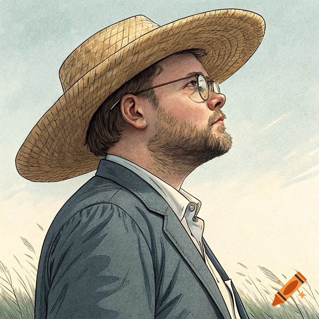 Portrait illustration of a man with beard, glasses, and straw hat looking up