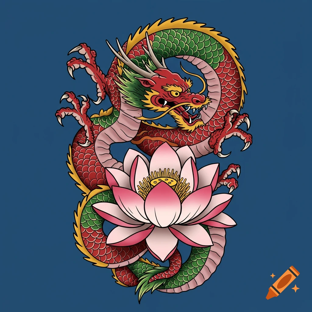 American traditional tattoo of a red and green dragon wrapped around a pink lotus flower