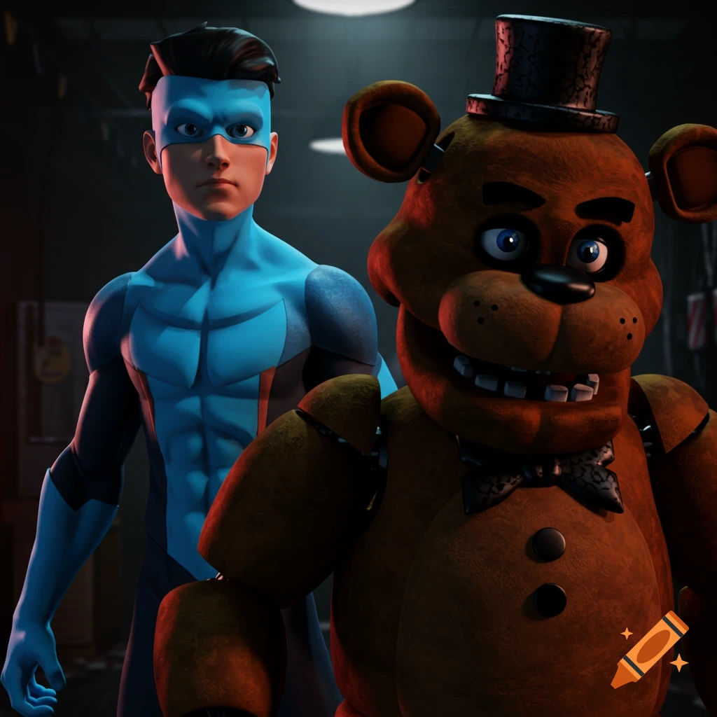 Invincible and Freddy Fazbear stand side-by-side in a dark room, rendered in a 3D animated style.