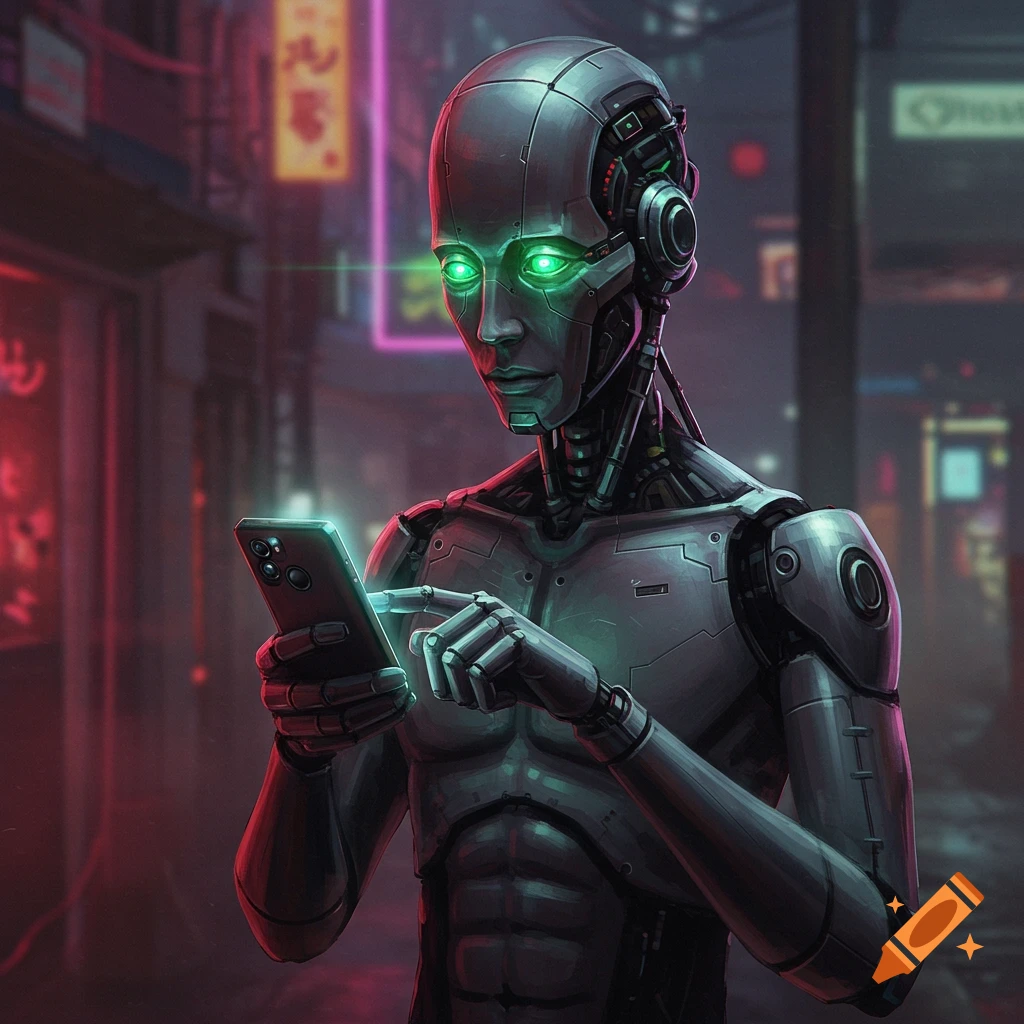 A robot with glowing green eyes uses a smartphone in a cyberpunk street.