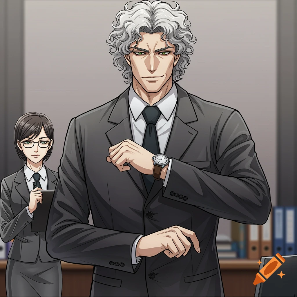 Anime man in a suit checking his watch with a woman in the background.