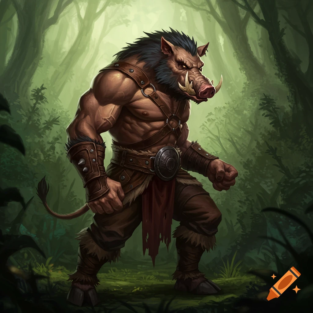 A muscular boar warrior in leather armor standing in a forest.