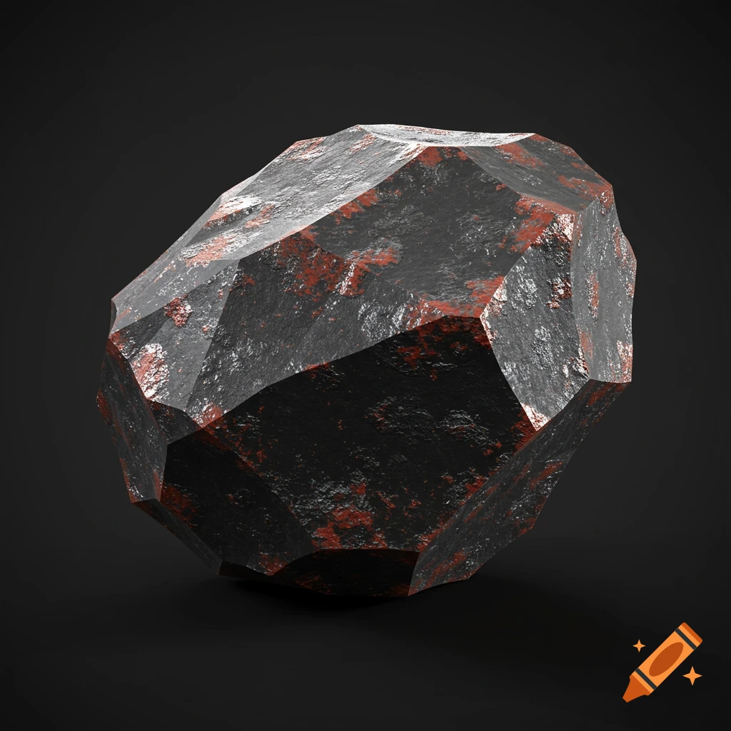 A low poly stylized dark mineral or rock with reddish patches on a dark background.