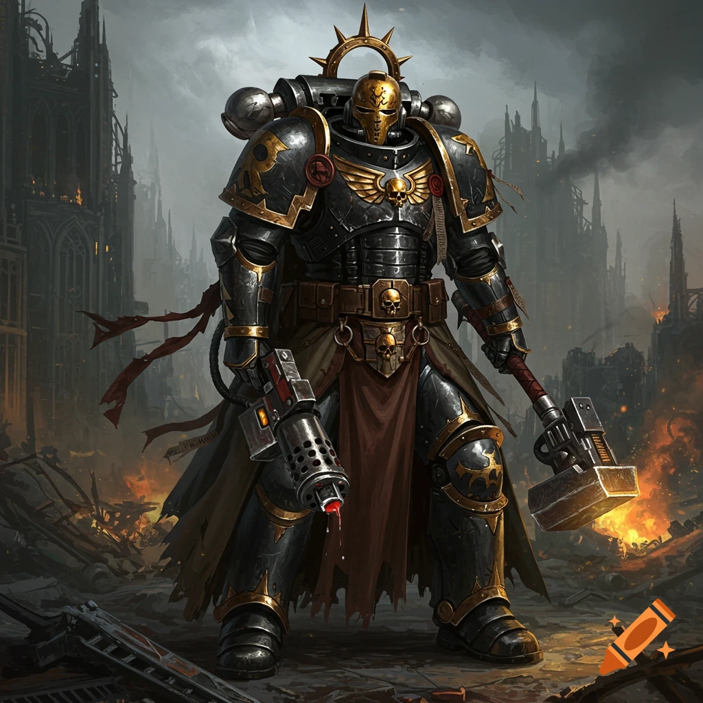 Armored figure with weapons stands in a ruined city, dark fantasy sci-fi style
