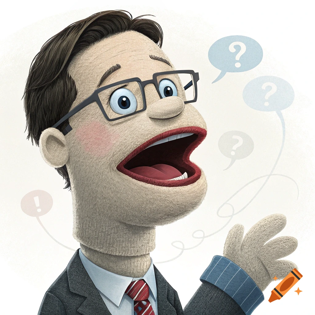 Cartoon illustration of a sock puppet in a suit and glasses, with speech bubbles containing question marks and an exclamation mark.