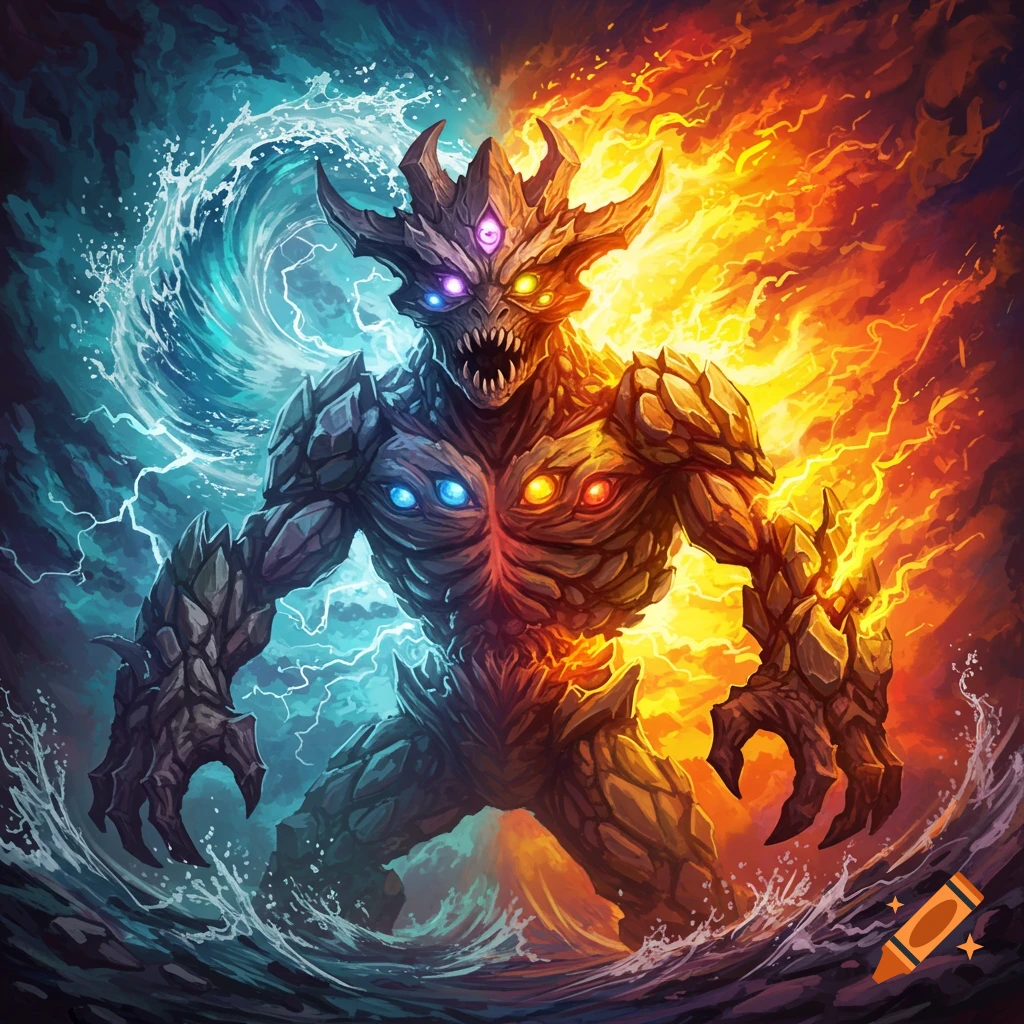 A monstrous elemental creature split between water and lightning on the left, and fire and earth on the right.