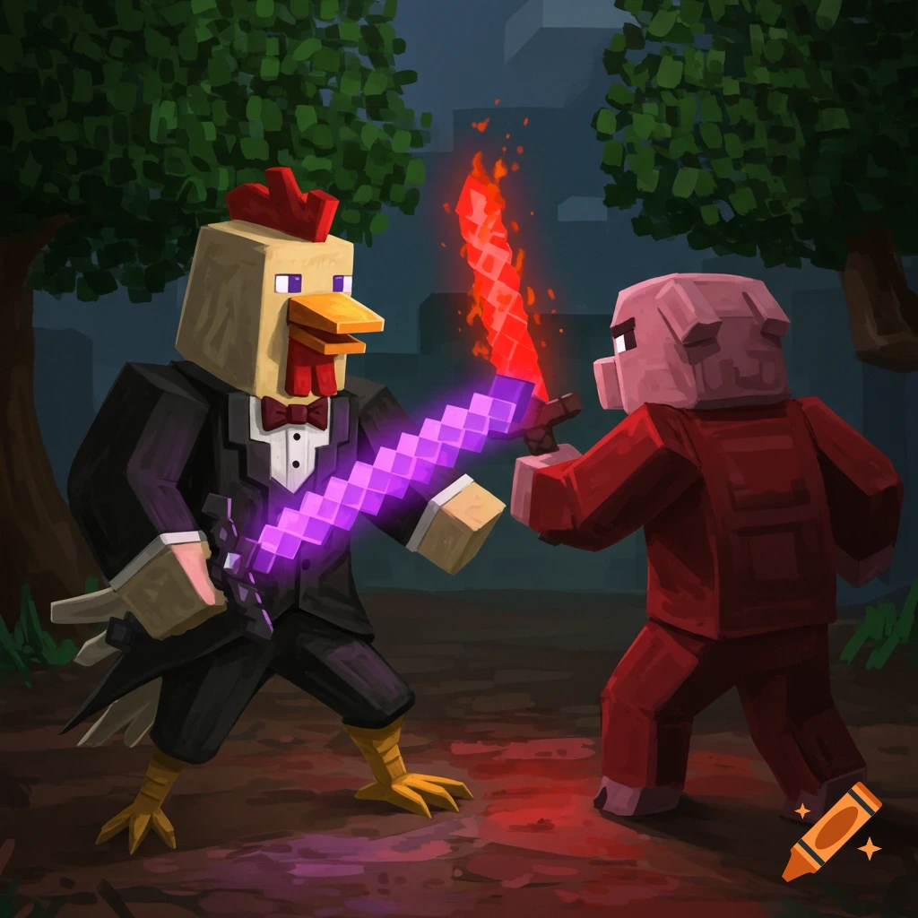 A blocky Minecraft chicken in a tuxedo fighting a blocky pig in red clothes with glowing purple and red swords in a forest.