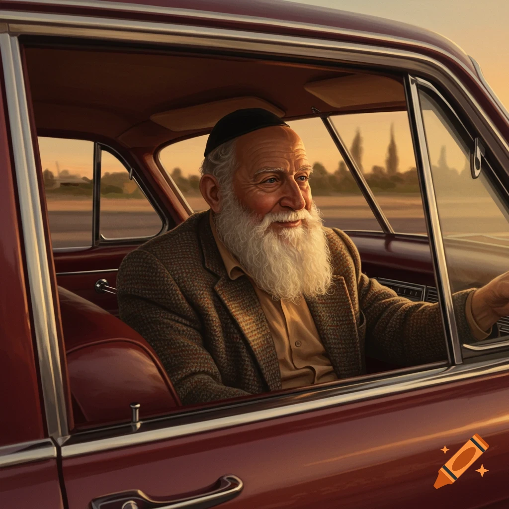 An older man with a long beard and kippah driving a red vintage car at sunset.
