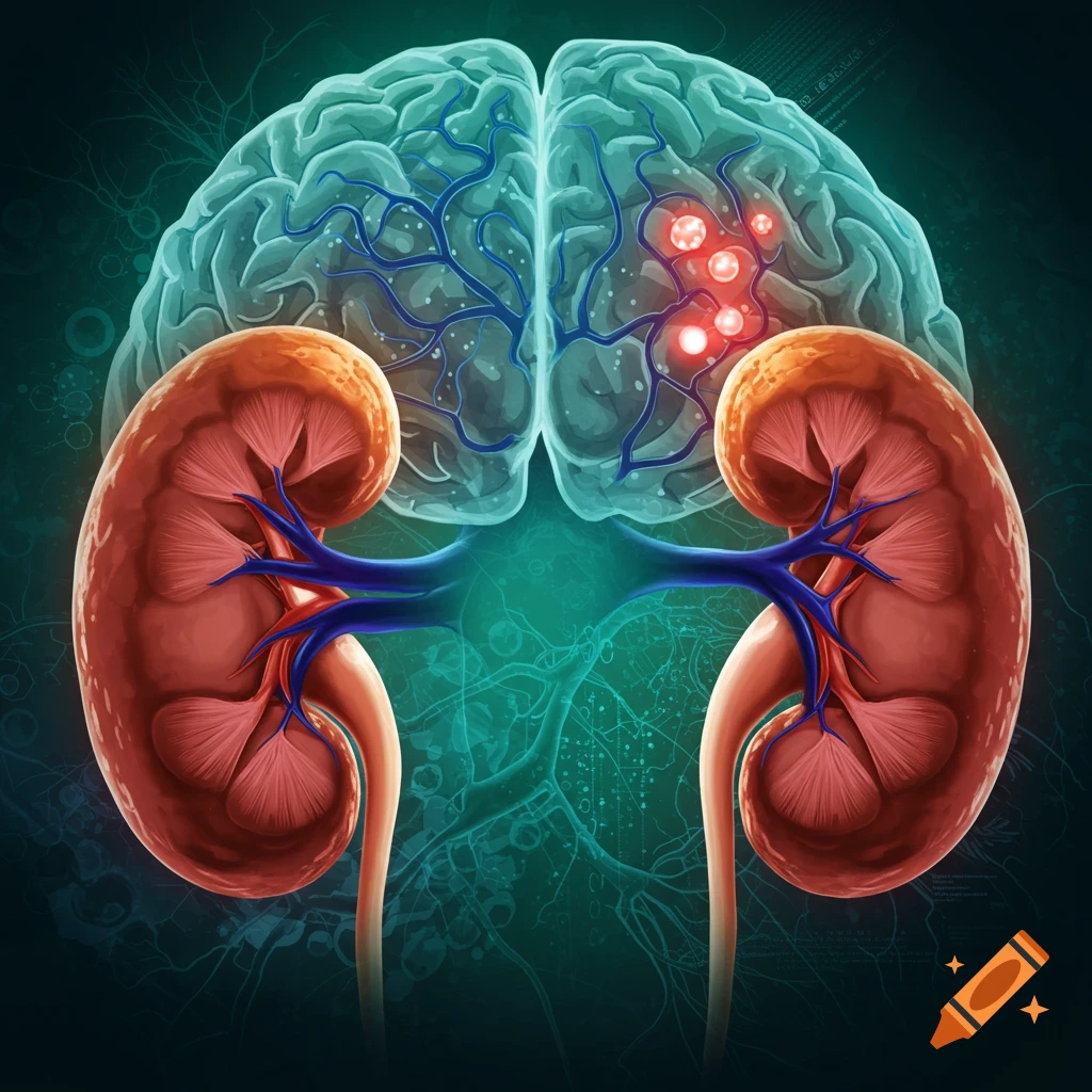 a brain connected to kidneys by blood vessels