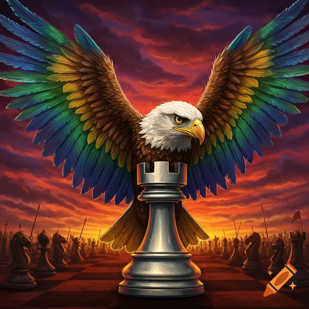 An eagle with colorful wings sits atop a rook chess piece on a battlefield.
