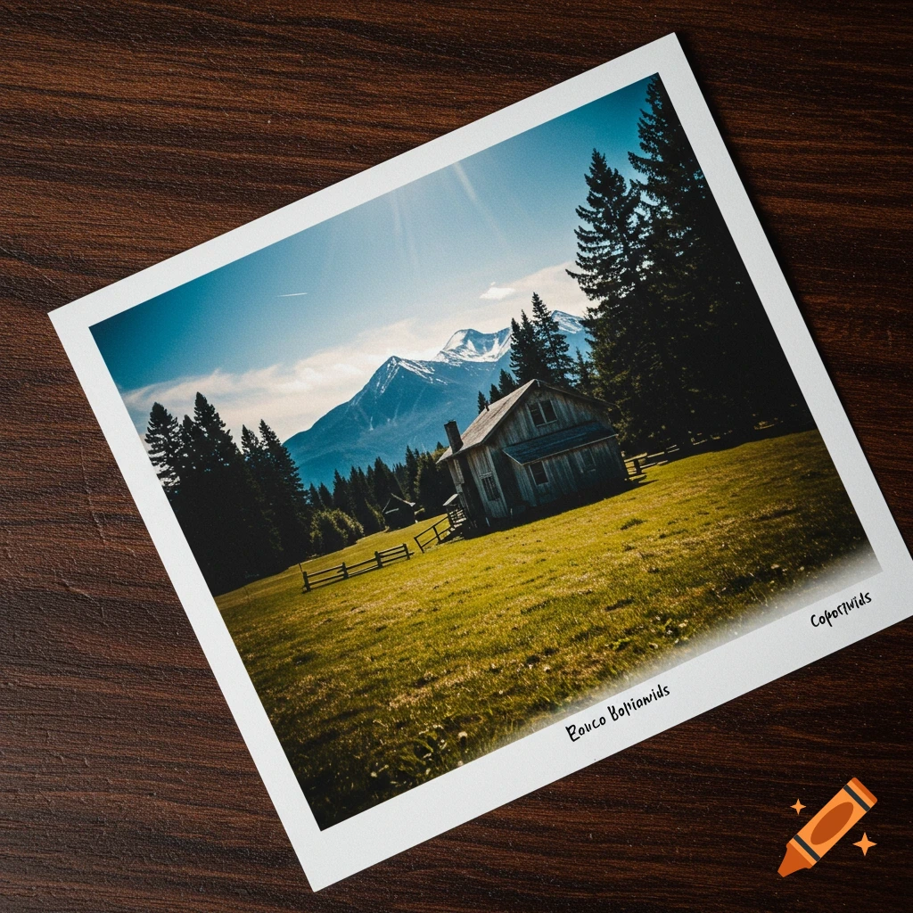 A photorealistic image of a printed photograph showing a rustic cabin in a mountain landscape on a wooden surface.