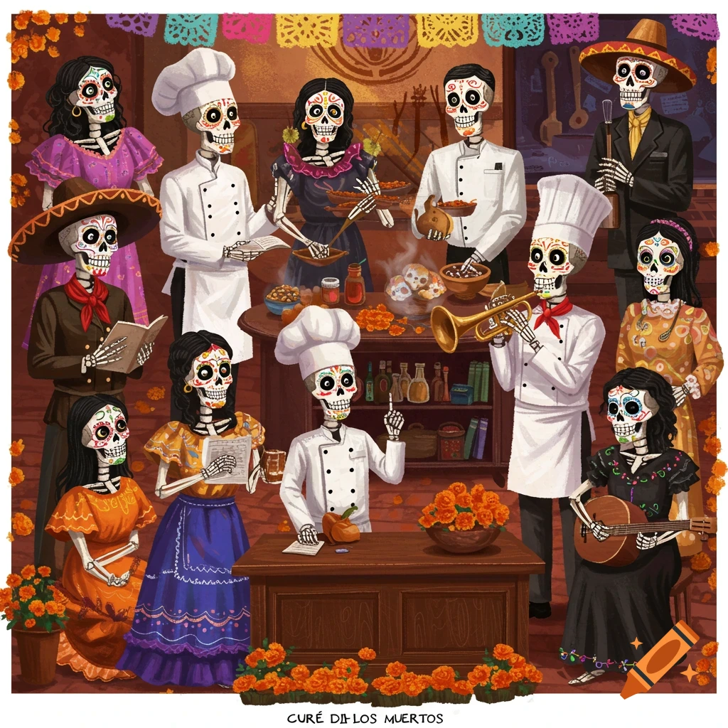 Skeletons celebrating Dia de Los Muertos, depicted as chefs and musicians, with a backdrop of marigolds and decorations.