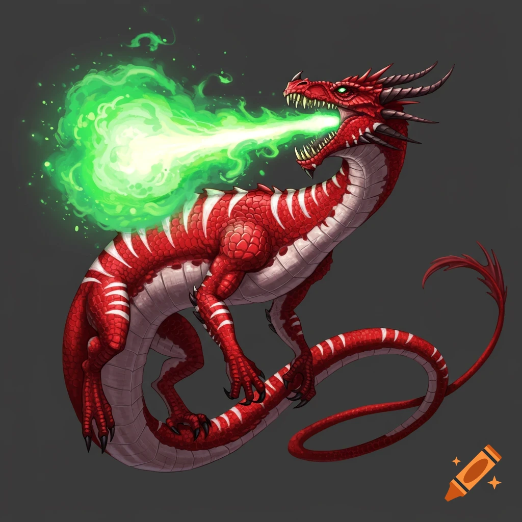 Red and white dragon breathing green fire