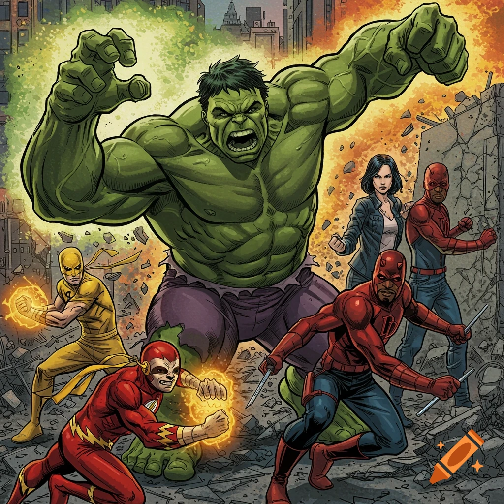 Comic book art of Hulk, Iron Fist, Jessica Jones, Daredevil, and Flash-like hero in ruined city.