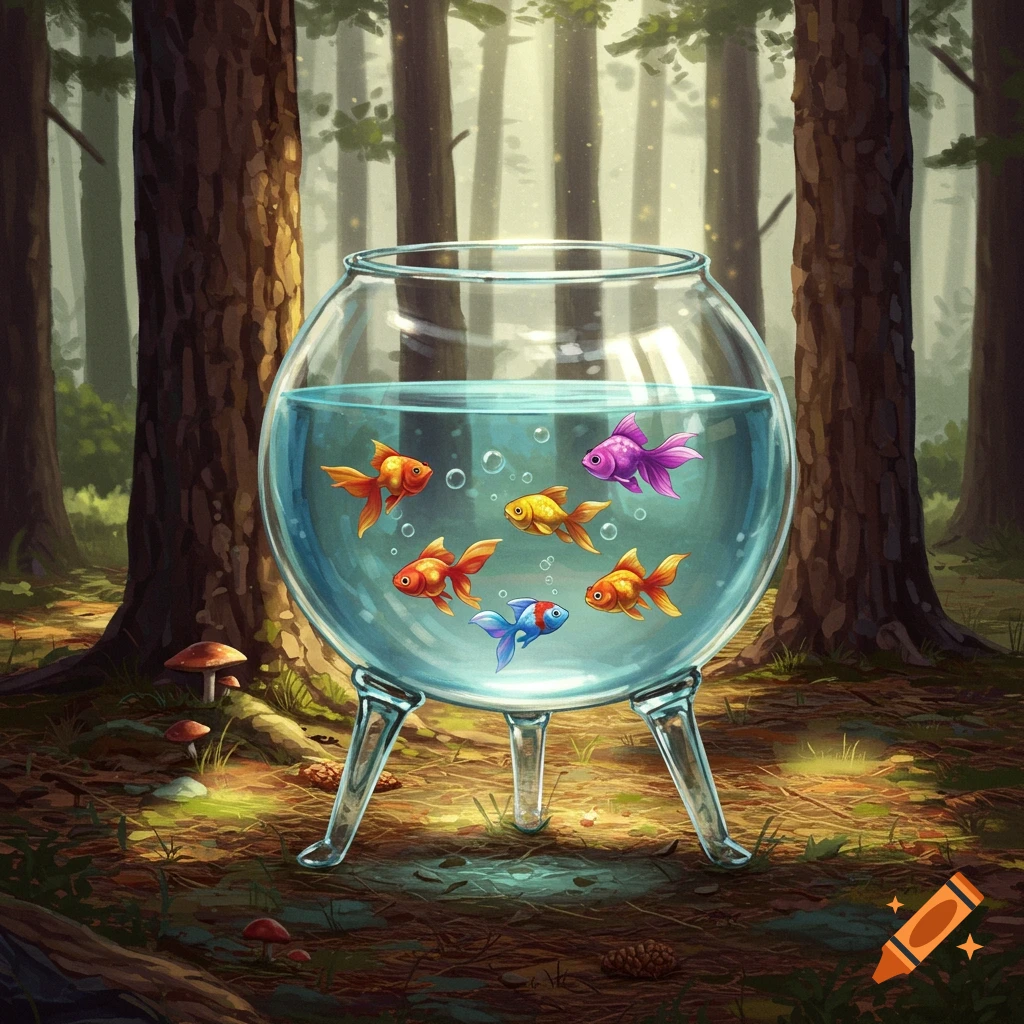 A fishbowl with fish sits on glass legs in a sunlit forest.