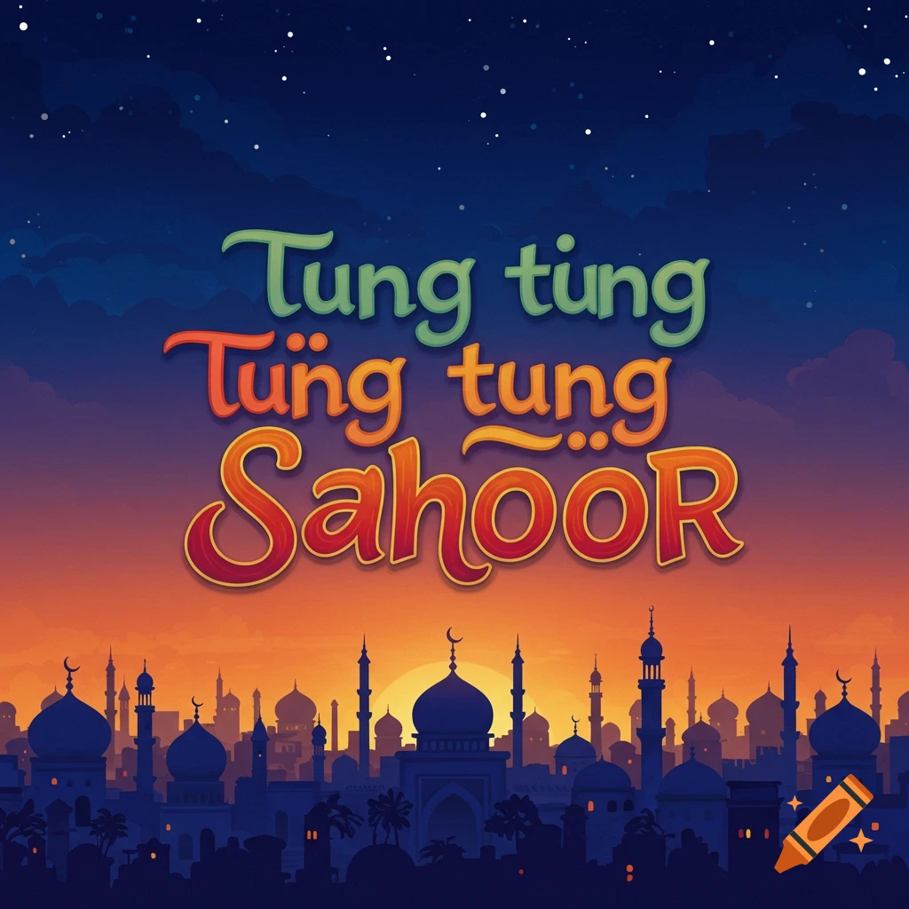 Islamic city skyline at dawn/dusk with stars and text 'Tung tung Tung tung Sahoor'