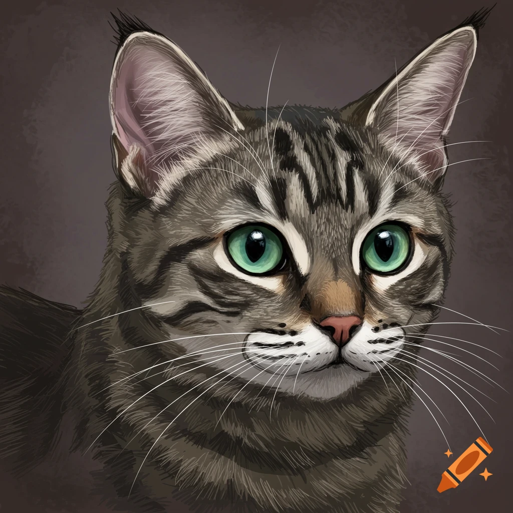 The face of a tabby cat with green eyes.