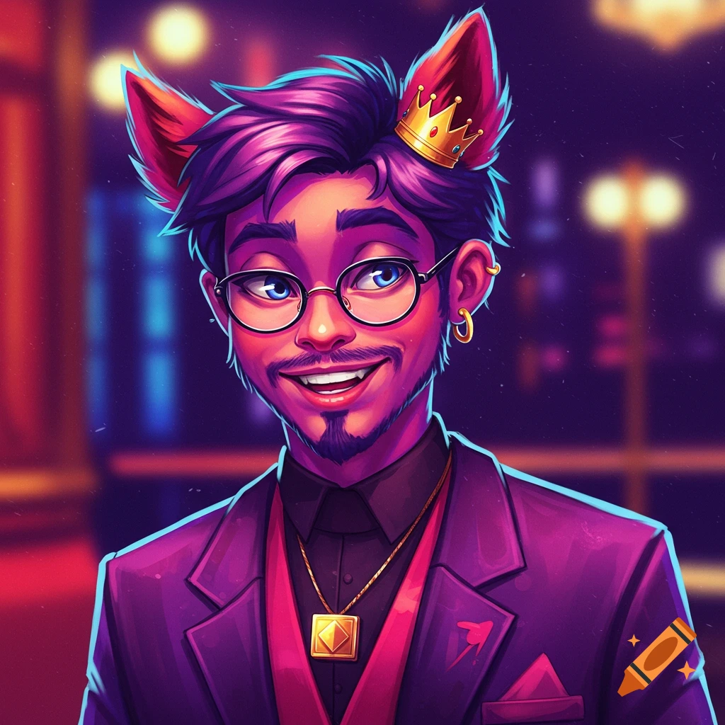 A stylized image of a man with cat ears, glasses, a crown, and a goatee wearing a suit, smiling.