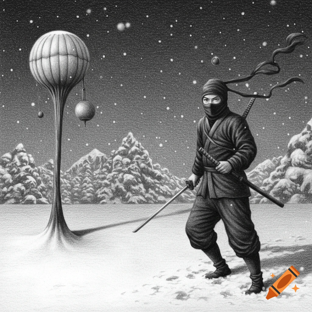 Pencil sketch of a ninja with swords standing in a snowy landscape next to a strange tree.