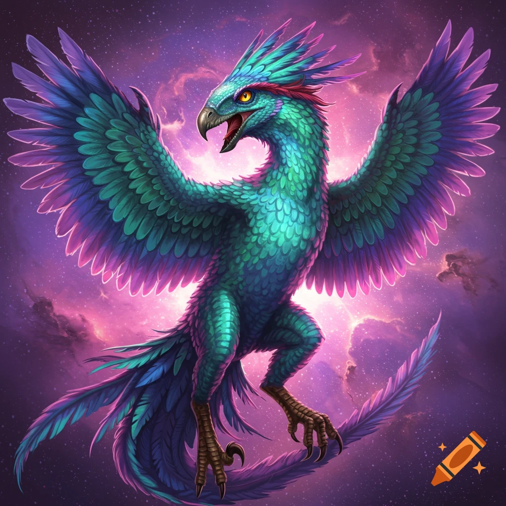 A blue and green feathered fantasy creature with outstretched wings against a cosmic purple sky.