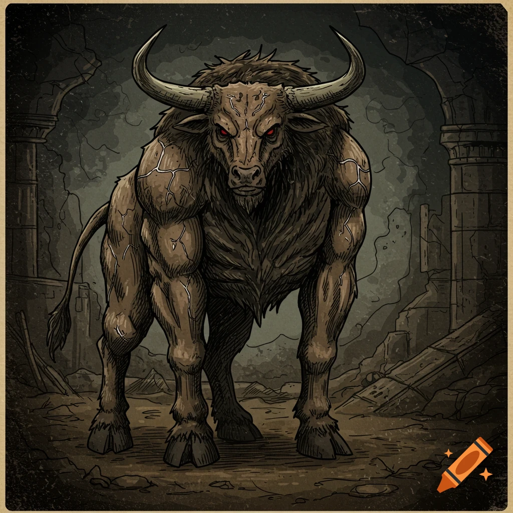 Hand-drawn illustration of a fearsome Minotaur with red eyes standing among ruins.