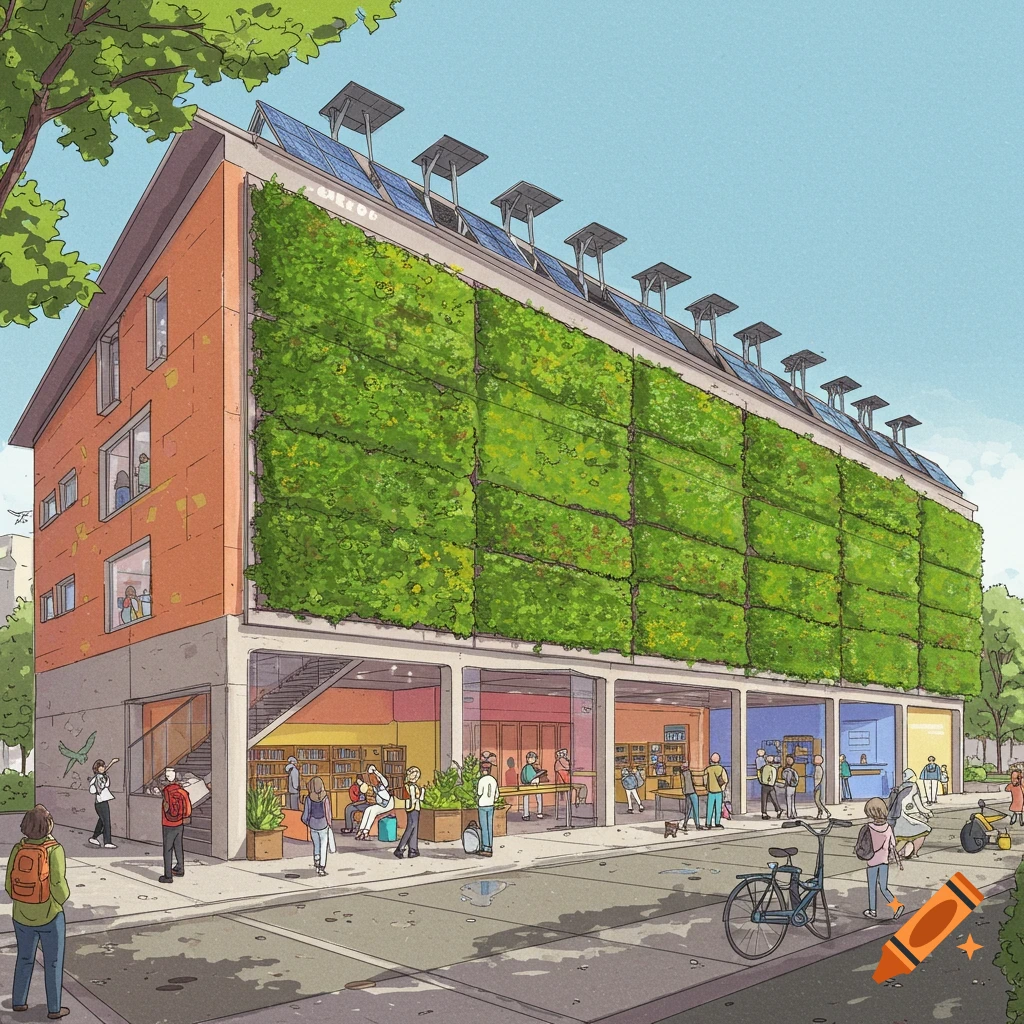 Digital illustration of a sustainable community center building with a green wall and solar panels, showing people inside and on the street.