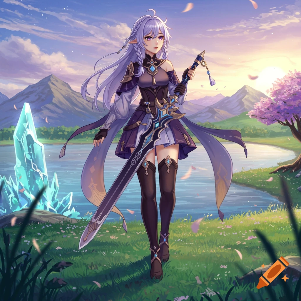 Anime fantasy character with purple hair and sword stands in a sunset landscape with mountains, lake, and cherry tree.