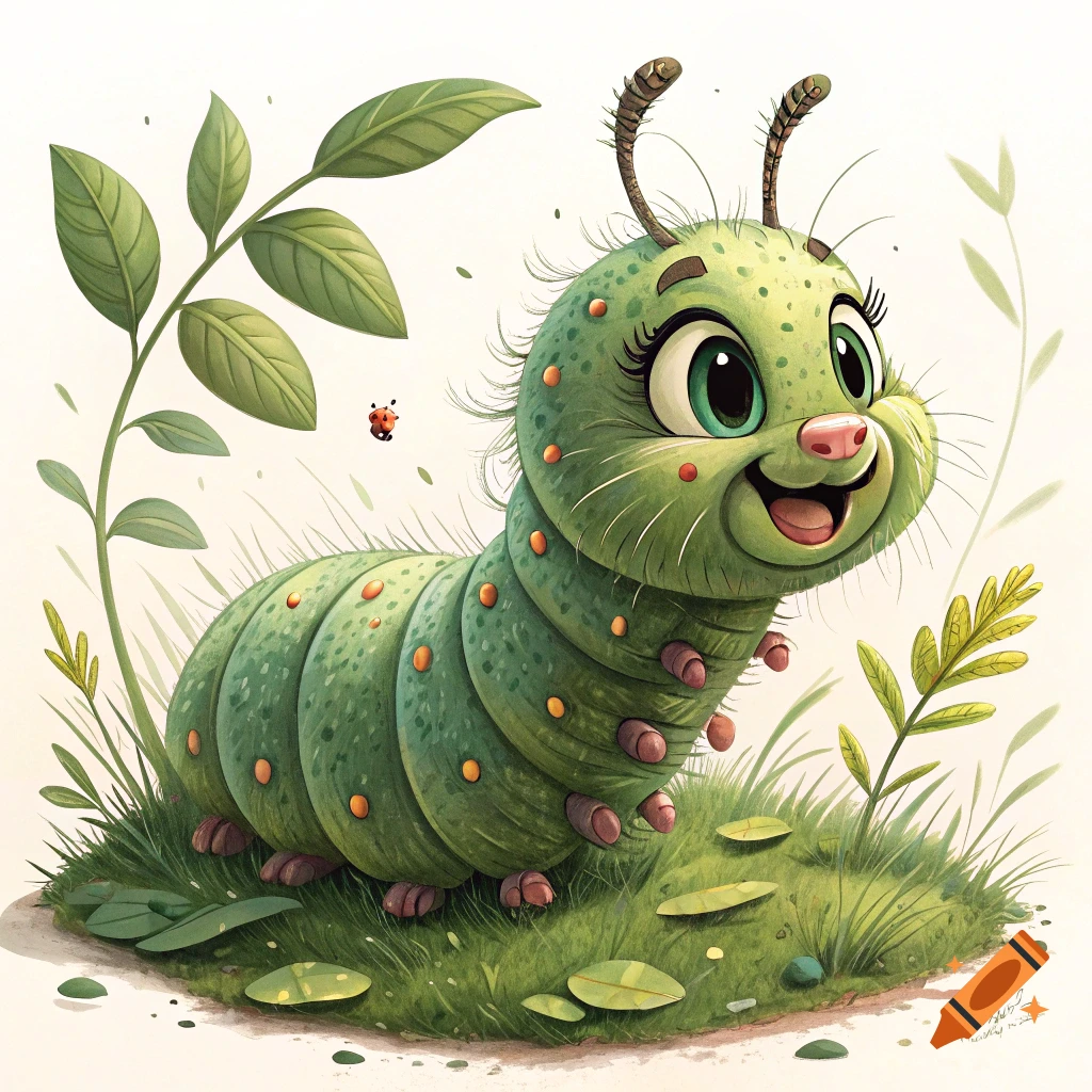 A cheerful cartoon caterpillar with large eyes and orange spots sits on grass with plants and a ladybug.