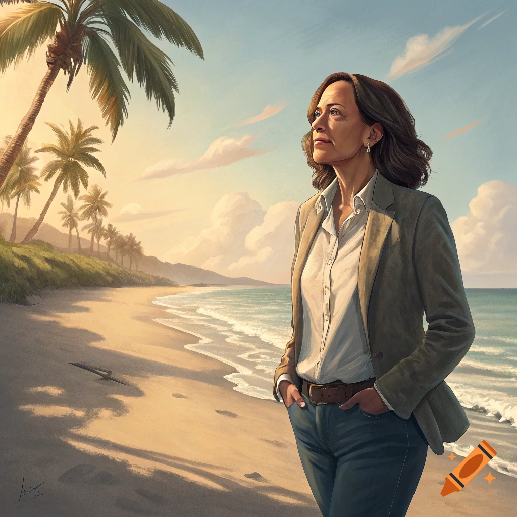 Kamala Harris stands on a beach looking upwards, with palm trees in the background, in a realistic style.