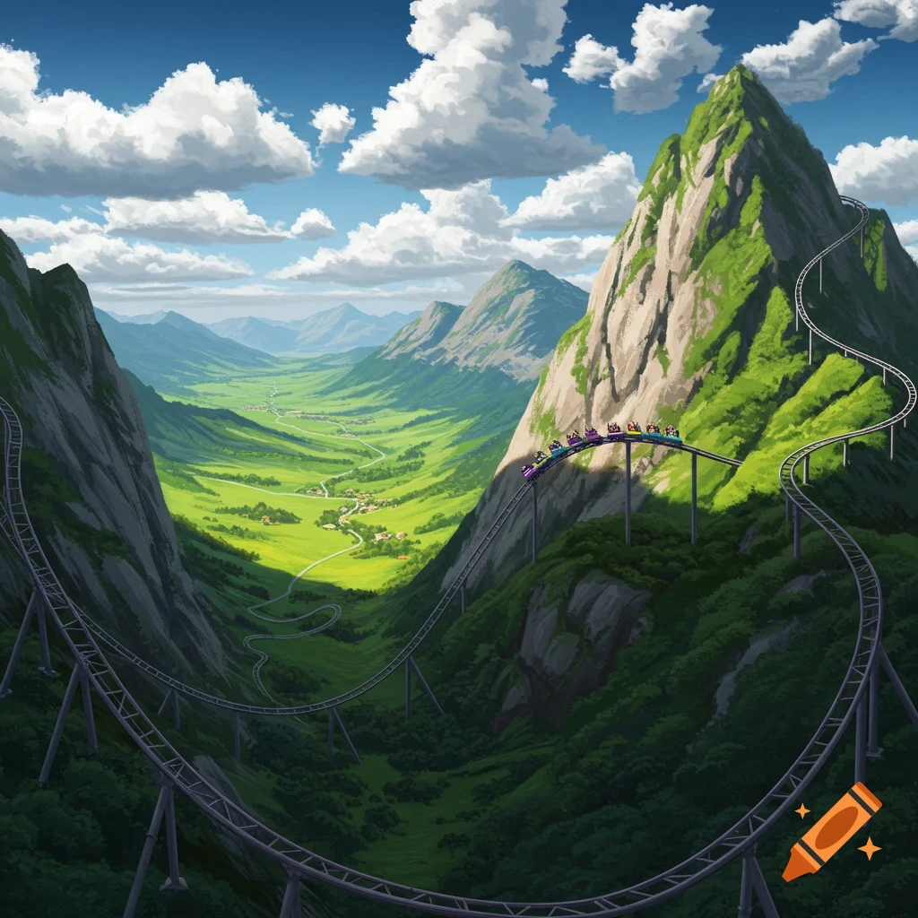 A rollercoaster winding through a lush mountain valley.