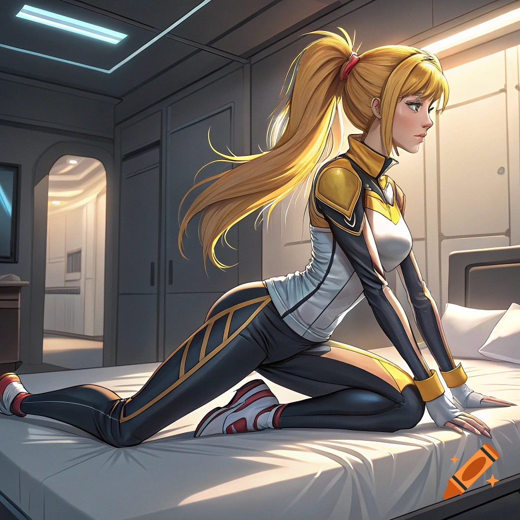 Anime woman with blonde ponytail in futuristic workout gear stretches on a bed in a sci-fi room.