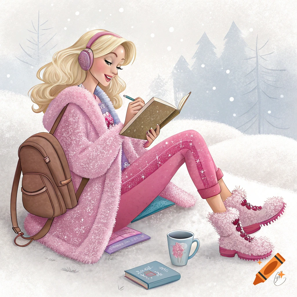 Illustration of a blonde woman in a pink furry coat sitting in the snow, writing in a book, with a backpack and coffee.
