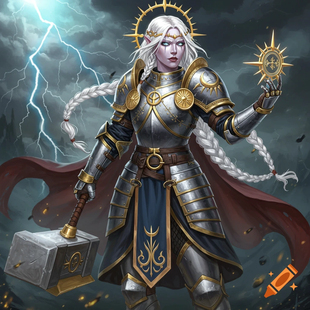 Female fantasy warrior in ornate armor holding a hammer and sun symbol against a stormy background with lightning.
