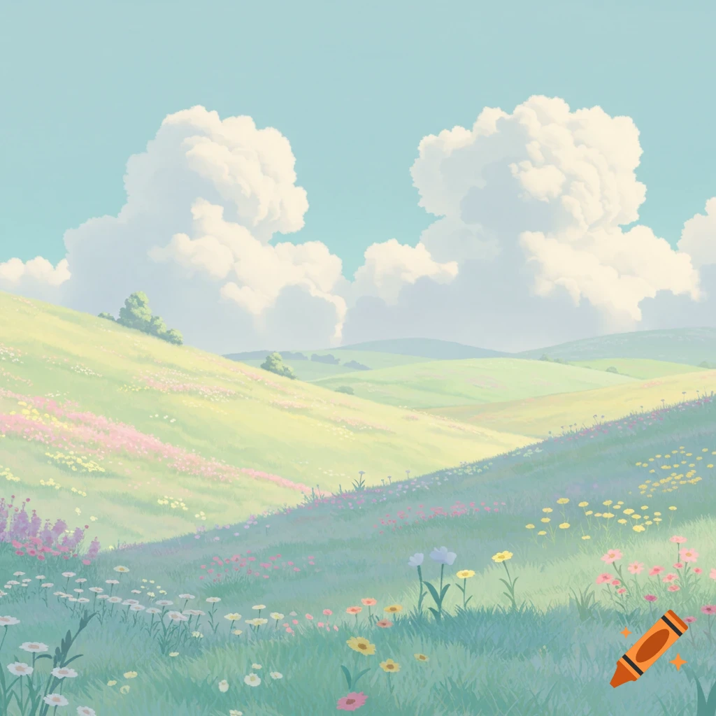 A pastel Ghibli-style landscape with rolling green hills, scattered wildflowers, and fluffy white clouds in a blue sky.