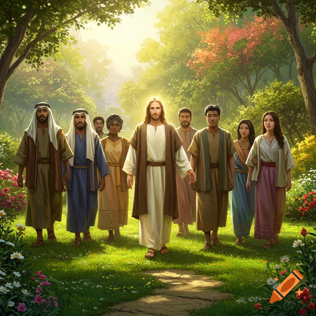 Jesus walking with a diverse group of people through a lush garden path.