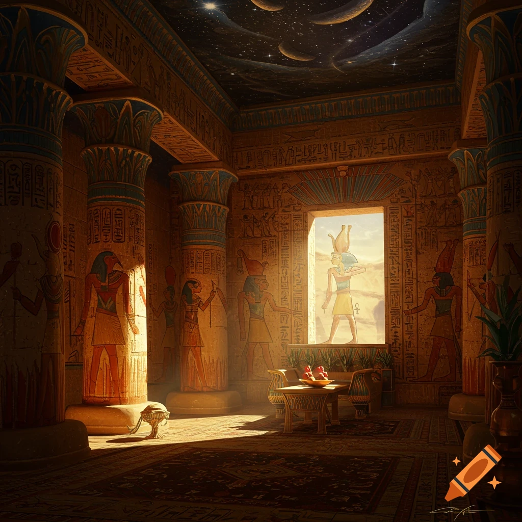 An ancient Egyptian room with decorated columns and walls, a window to the desert, and a starry ceiling.