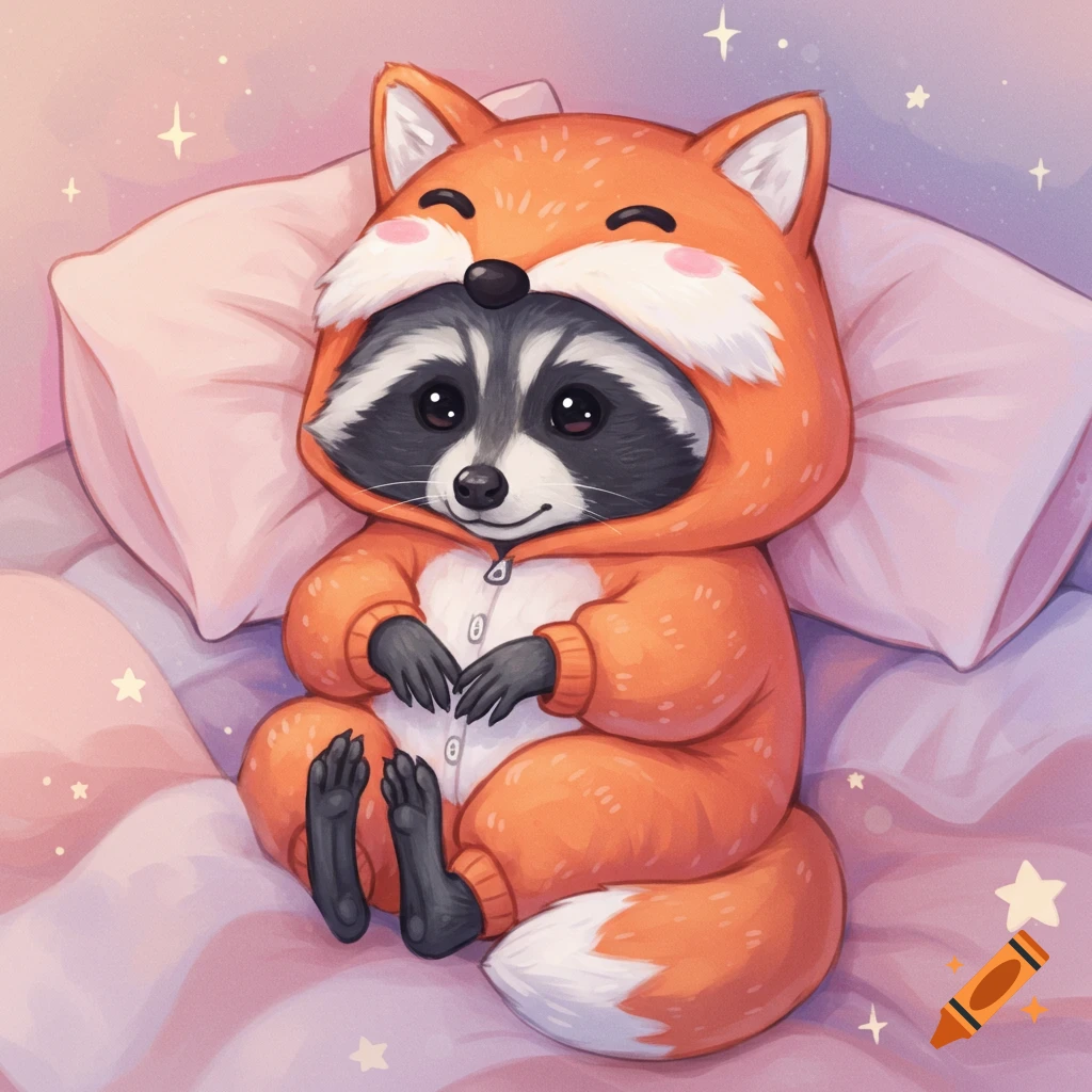 Cartoon raccoon in a fox onesie curled up in bed.