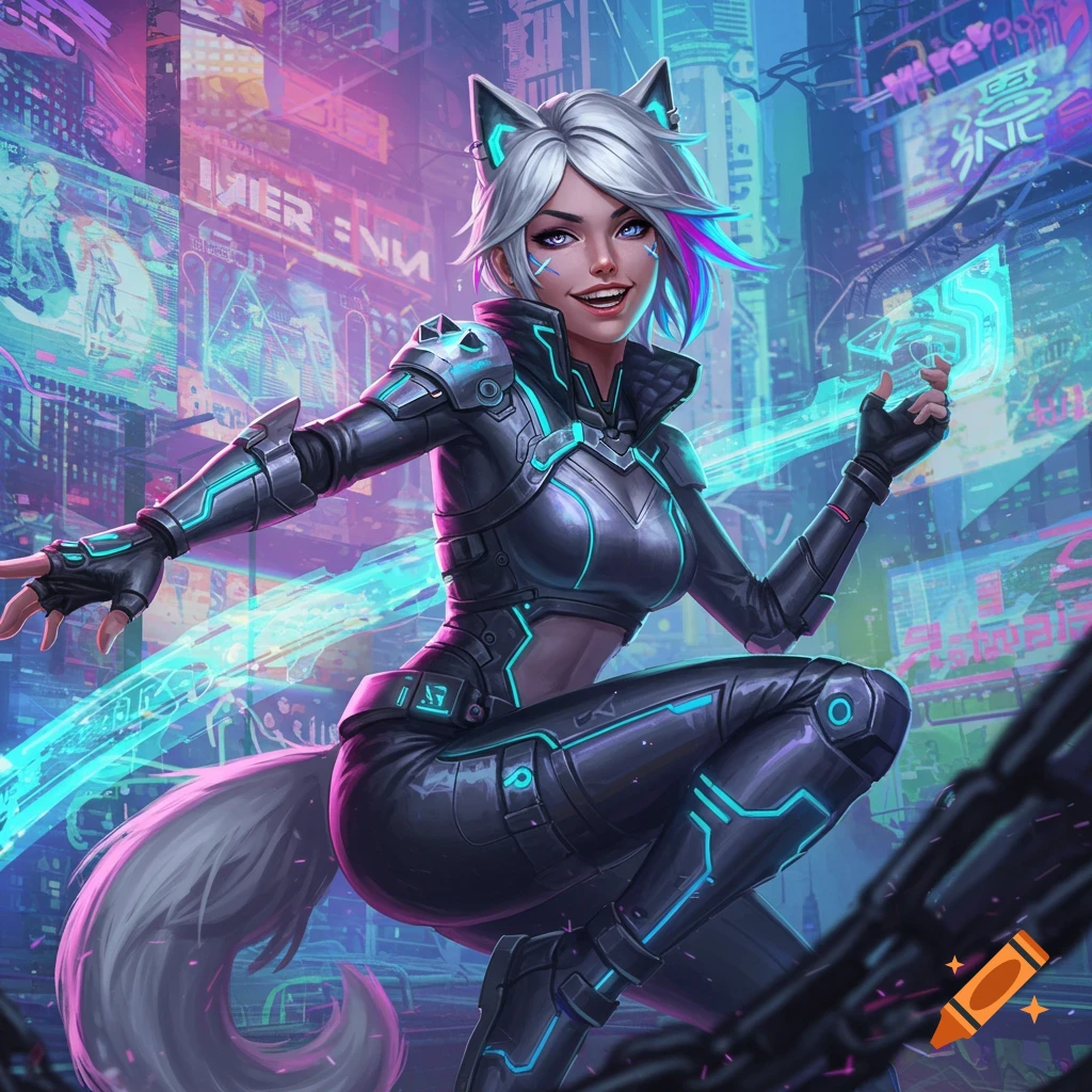 A person with wolf ears and tail in a cyber suit poses in a neon cyberpunk city.