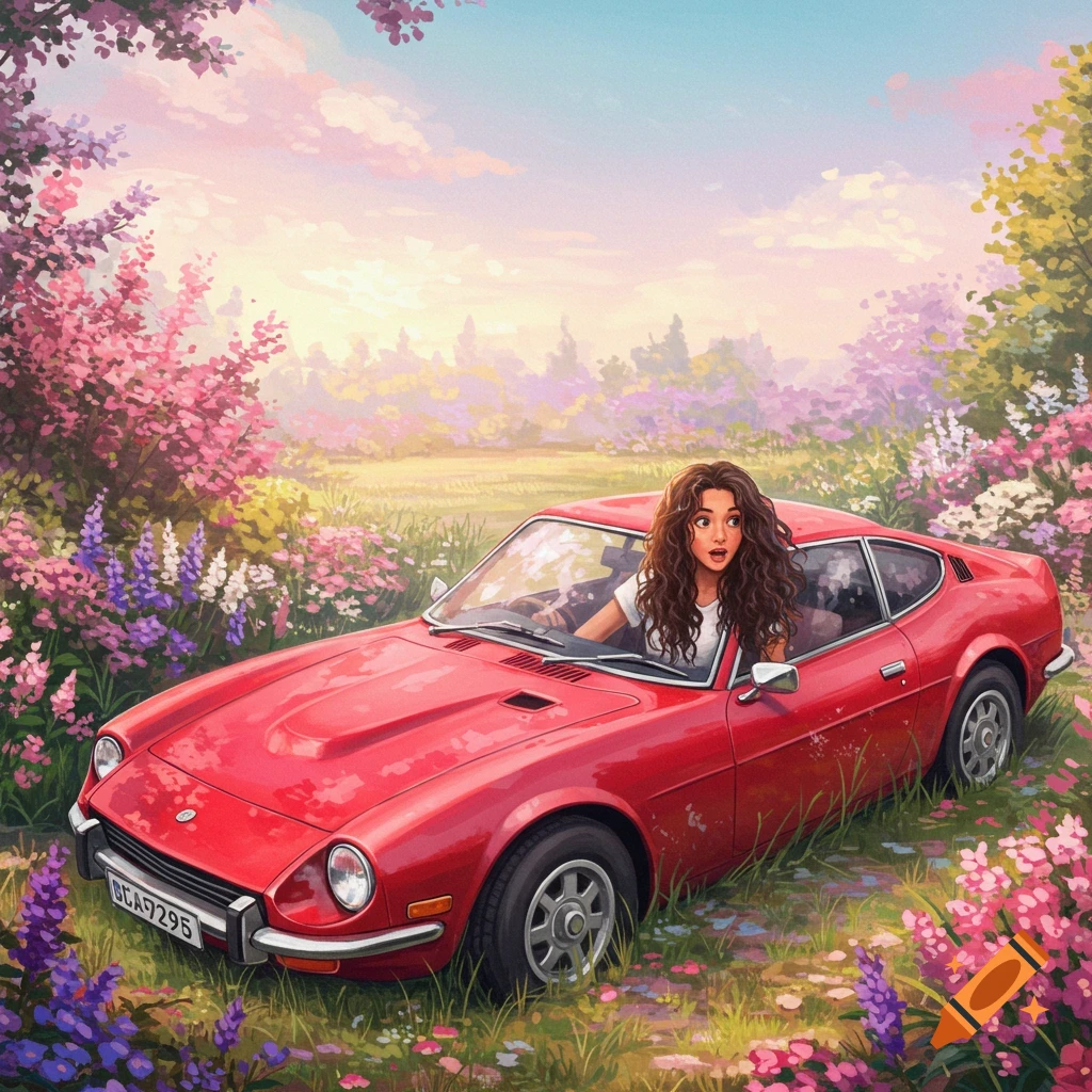 Woman in a red classic car surrounded by a field of colorful flowers