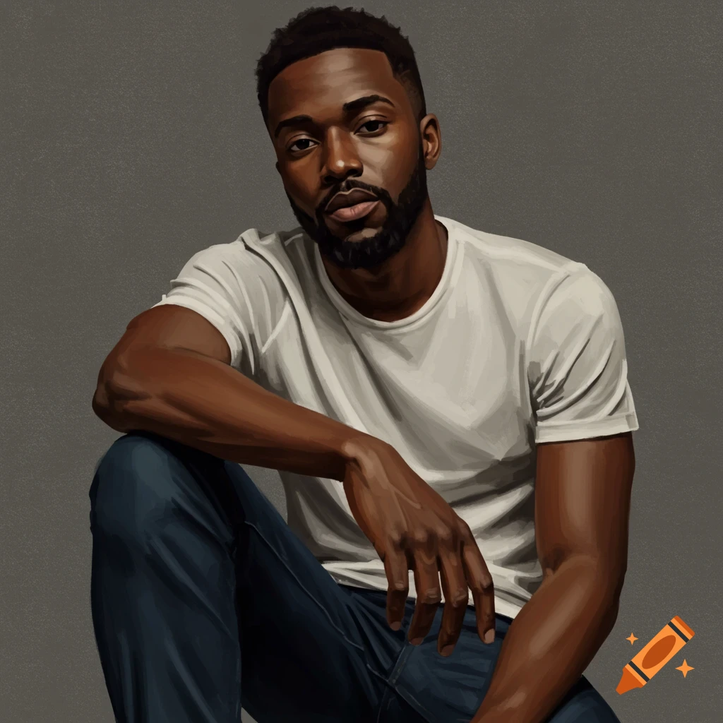 A man wearing a white t-shirt and jeans, seated against a gray background.
