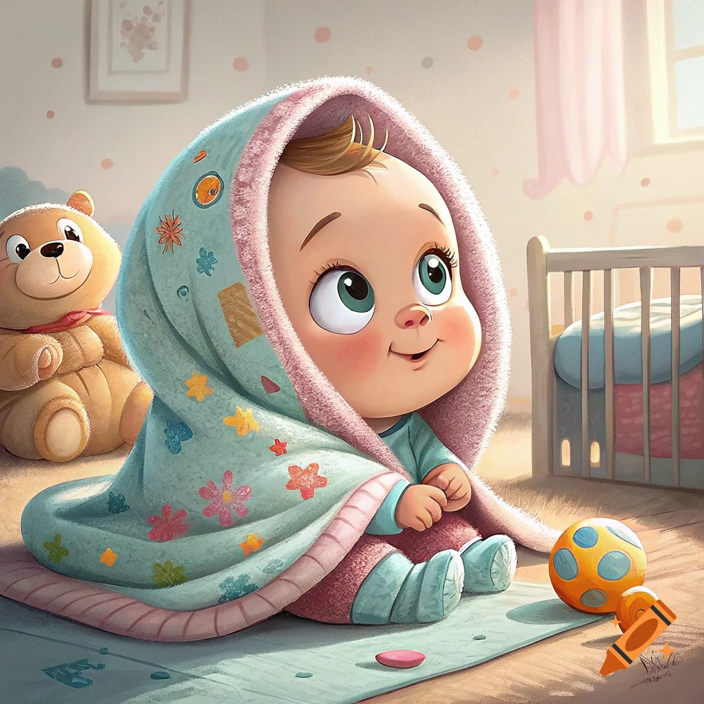 An illustration of a cute baby wrapped in a blanket, sitting on a rug in a nursery with a teddy bear and crib.