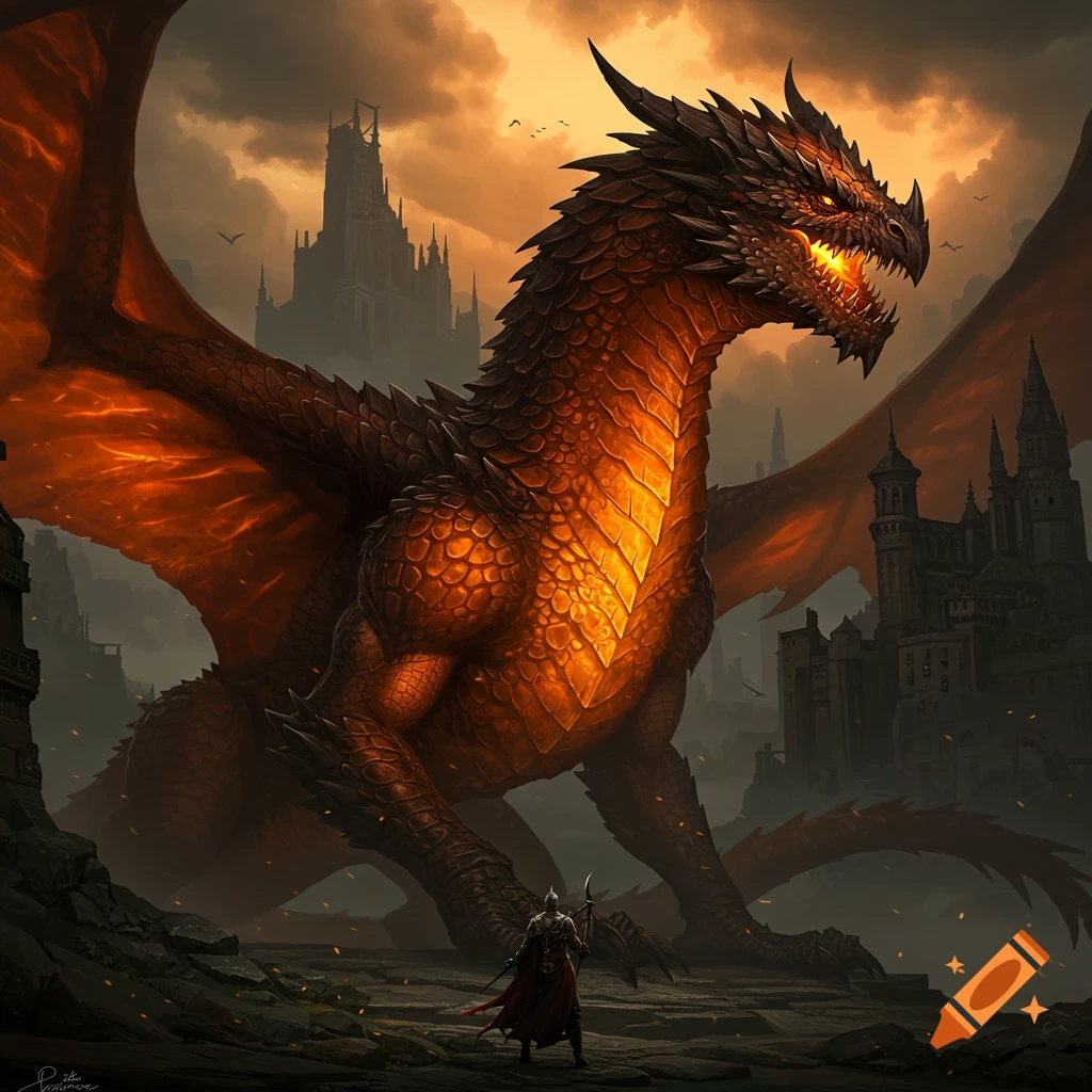 A large orange dragon confronting a knight in a ruined city with a fortress.