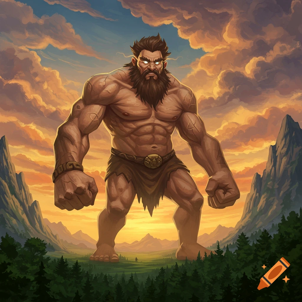 A muscular giant standing in a mountain landscape at sunset.